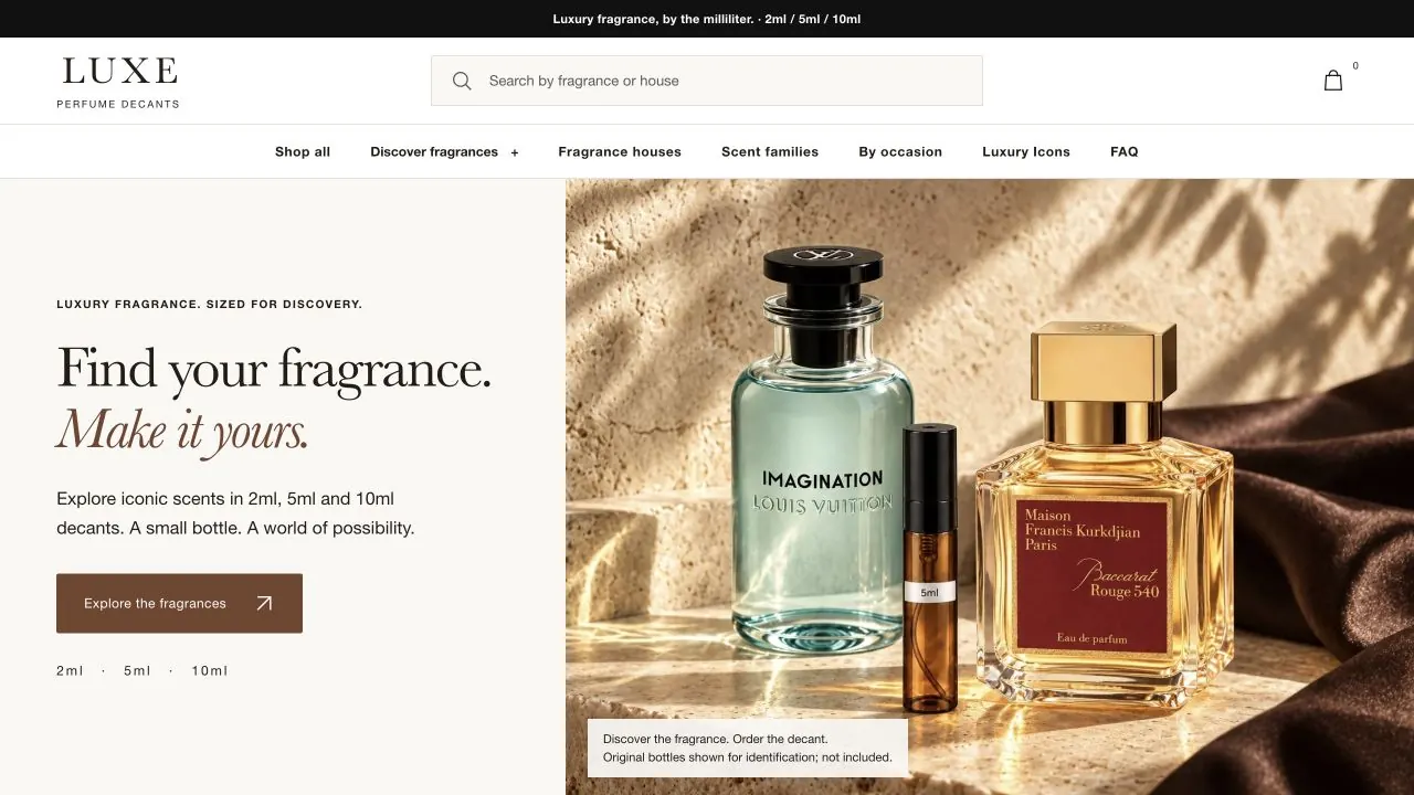 Luxe Perfume Decants website homepage